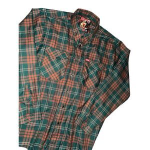 Dixxon‎ Mens Mistletoe Flannel Shirt 2X Pearl Snap Long Sleeve Green Plaid Xmas